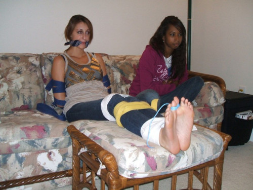 zippo077:  Sadie’s roommate told her to stop yakking during the movie,otherwise she’d tie her up and gag her, but Sadie never took her seriously. Even when she pulled out her old judo belts, Sadie jokingly played along and put her arms behind her