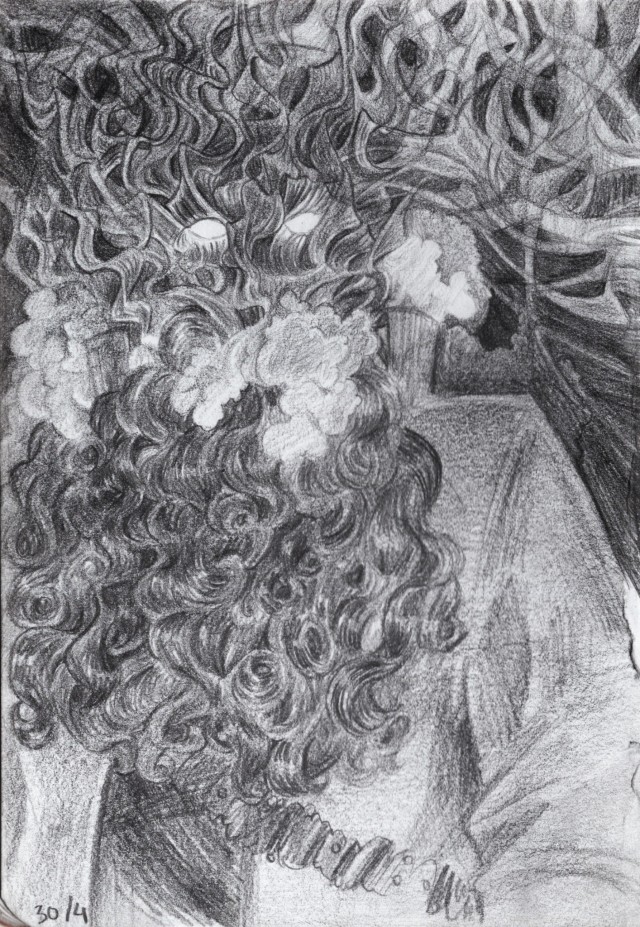 A pencil drawing of Black Pete's version of Blackbeard. He is shown from the waist up. His head is made of transparent ribbons of smoke and billowy puffs around his stand-up collar. His eyes are glowing almond shapes in the dark cloud that nonetheless seem to look right at the viewer. He has a very long wavy and curly beard that billows down to almost below his ribcage.