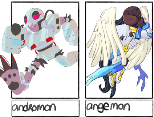 Image Description: A Drawing Of Andromon And Angemon. They Are Smaller Than Usual. Andromon Has Grayish