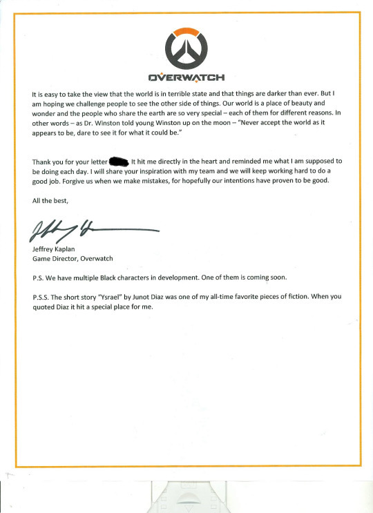 So I wrote a letter to Jeff Kaplan, and today in the mail I got a response back...