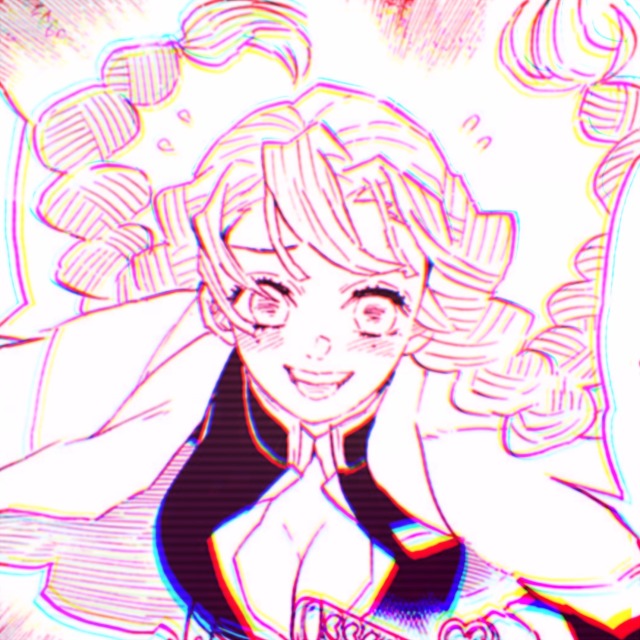 an icon of mitsuri from demon slayer manga. it has a pink overlay. she runs towards the viewer with a panicked yet optimistic expression. she has a smile and her hair flows behind her.