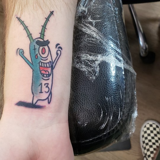 I finally got my dream of getting a Friday the 13th tattoo (and it was even on my birthday) this... f13;friday the 13th;plankton;spongebob