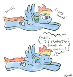 datcatwhatponissafely:  Rainbow Dash asks the important questions. (Won’t post adult content here. Posts dick joke though. Skoon pls.)  XD