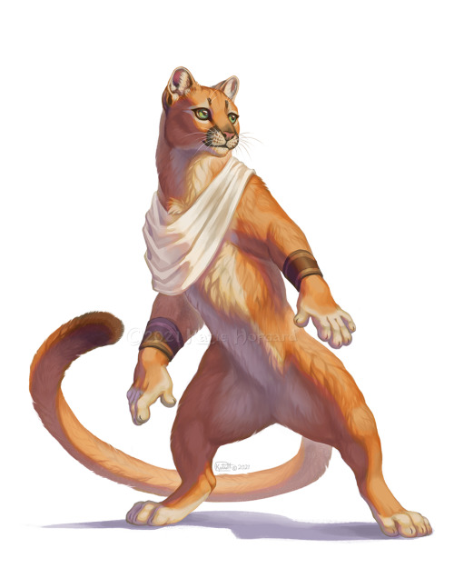 eskiworks: In the Venandi Empire, each feline species occupies a social caste.  Mountain lions are considered commoners; they are the most populous, and occupy a vast array of jobs.   Their clothing and decor are very minimal, but they typically carry