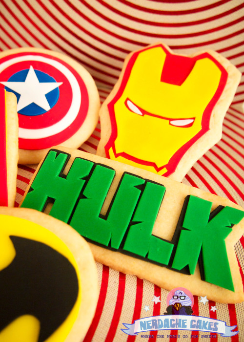 nerdachecakes:Hero Cookies!Part of the Super Minion order I took last week. There’s Hulk symbols, Ir