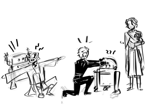 Ezra and Luke stopping their respective droids from scrapping, while Cal protectively holds BD like a chicken