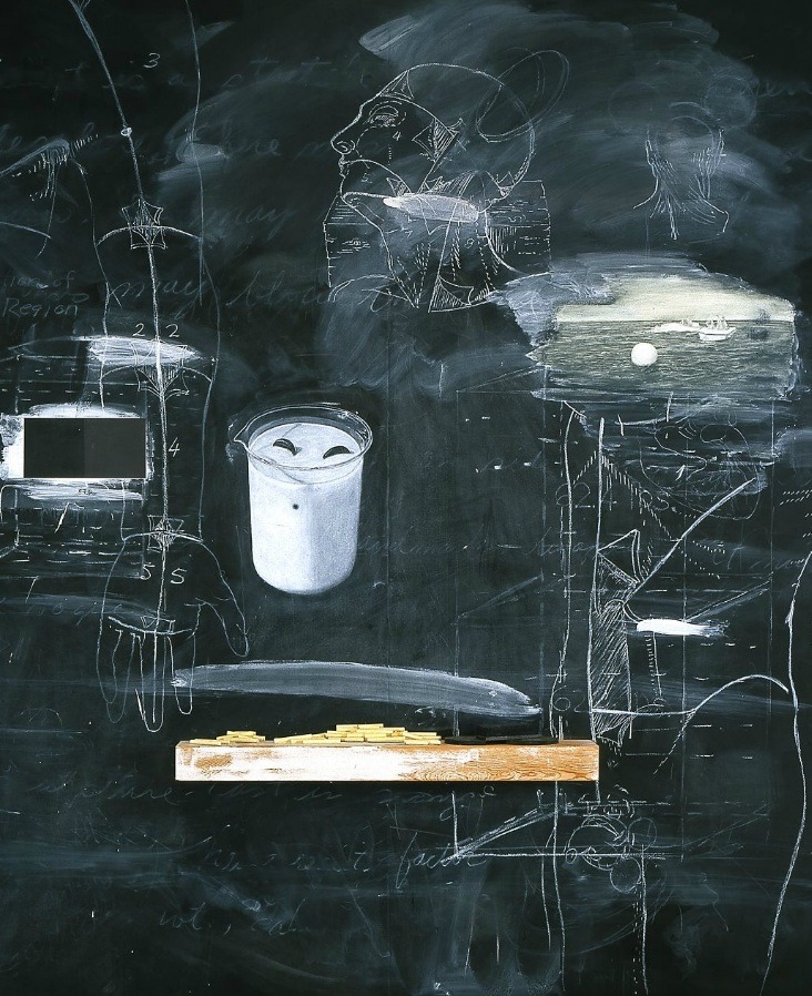 workman:
“nearlya:
Vernon Fisher. Evidence of Houdini’s Return, 1994, Oil, blackboard slating, wood, mixed media on Board
”