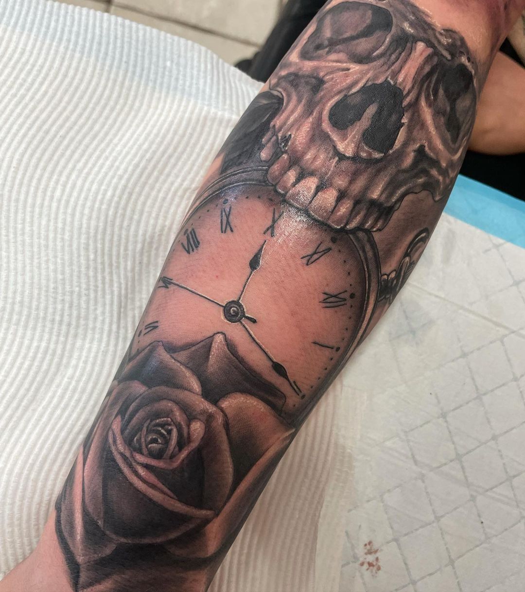 skull and roses tattoo sleeve