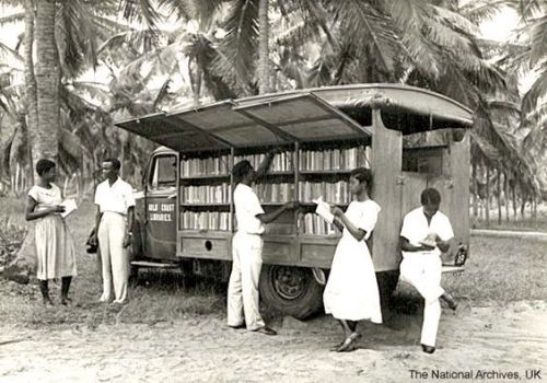 The picture, taken in 1955, shows a book van on the Labadi beach, near Accra, GhanaMore