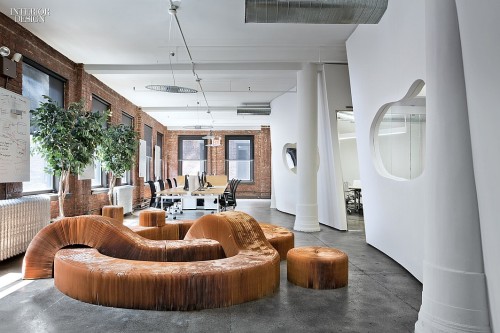 interiordesignmagazine: Employees can rearrange seating made of unbleached paper in the break-out ar