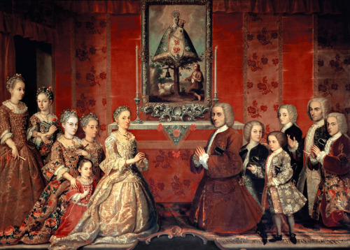 Portrait of the Fagoaga Arozqueta family at prayer by an artist of the Mexican school. Painted  