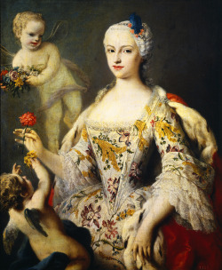 jaded-mandarin:  María Antonia Fernanda de Borbón y Farnesio, Infanta de España, 1750.  &ldquo;Daaaaaamn girl you is lookin fine in dat getup&rdquo; - says the flying baby in the corner