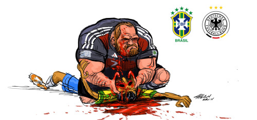 munchanka:  The World Cup Semi-Final, brought to you by George R. R. Martin fantasyfootballart:  Fantasy Fußball: Brazil vs Germany. Seven points for the Seven Kingdoms.  