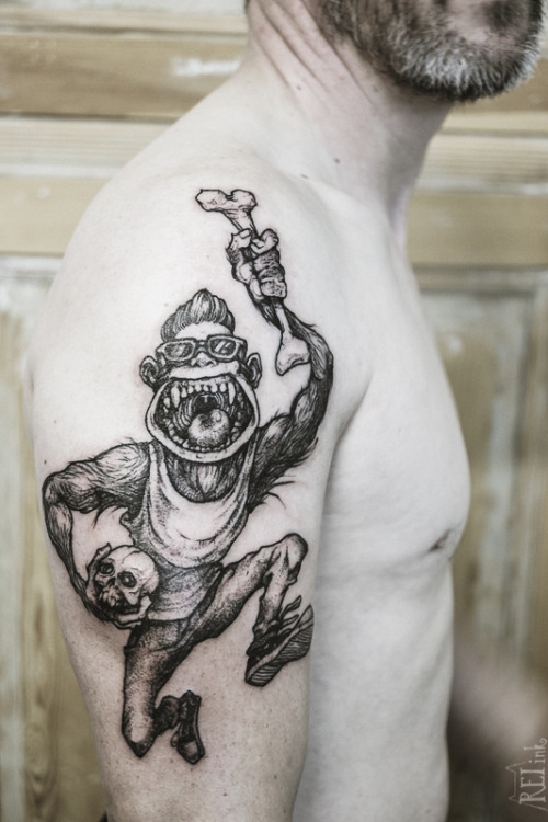 Rei's Illustrative Tattoos — Freehand rock'n'roll monkey on such a tough guy's...
