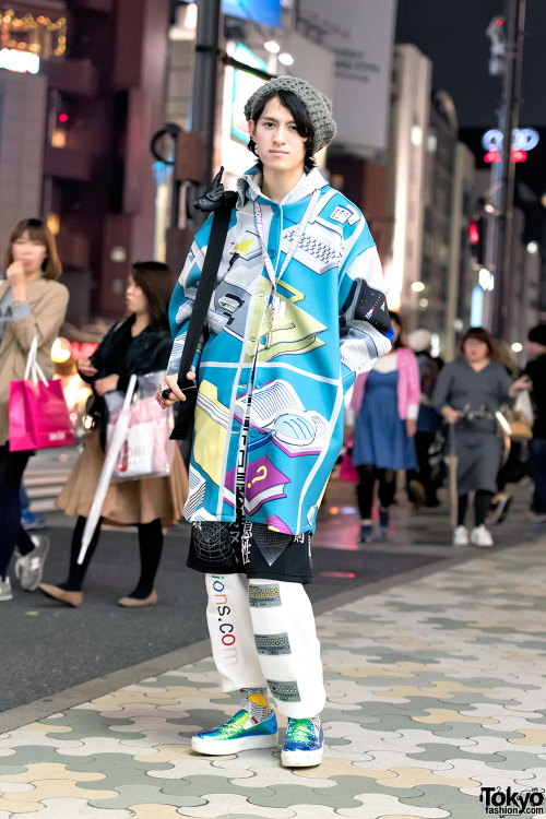 Tsukasa on the street in Harajuku wearing a Windows Explorer computer print jacket by Tyakasha with 