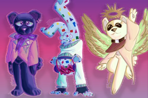 Digital drawing of three cartoon bears. The first has dark purple fur with a purple ribbon bowtie and wears a pink overcoat with a green lapel and white rose embroidery. The second is blue and performing a handstand. It's fur is covered in a confetti pattern and it wears a sea green sweater, large headphones, and star-shaped glasses. The last is an angel, it has white fur with a sharp pointed halo atop it's head. It dons a brown shawl with a black and white collar over a flowing white cape. The bear poses in flight, it's three pairs of golden wings outstretched. One of it's hands extends upwards, as if to reach for the heavens.