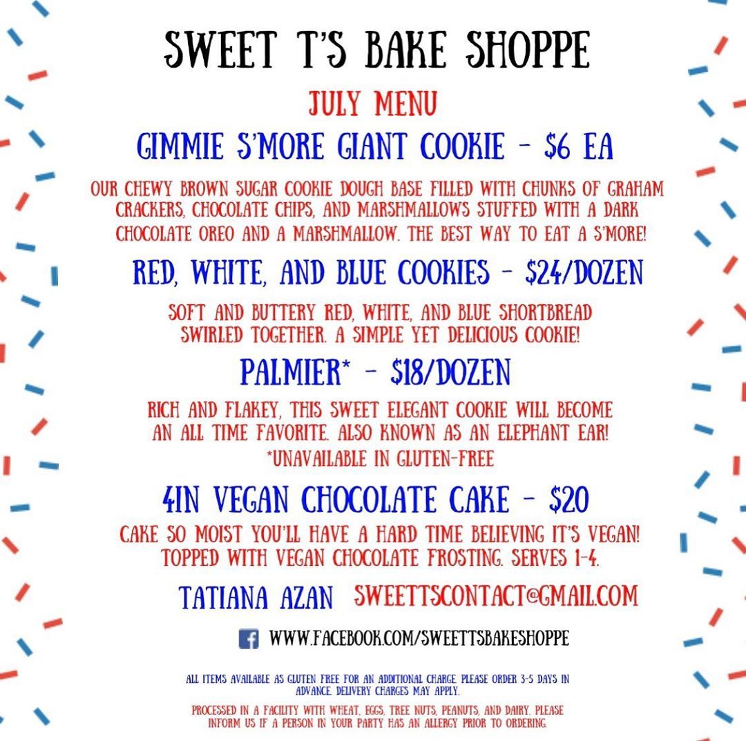 The July menu is HERE! Celebrate with some delicious treats🍪🍫🍰🇺🇸 Place your order for the 4th TODAY! Your tastebuds will thank you👩🏽‍🍳🤤
•
•
All items available as gluten free for an additional charge unless otherwise specified. Please order 3-5 days...