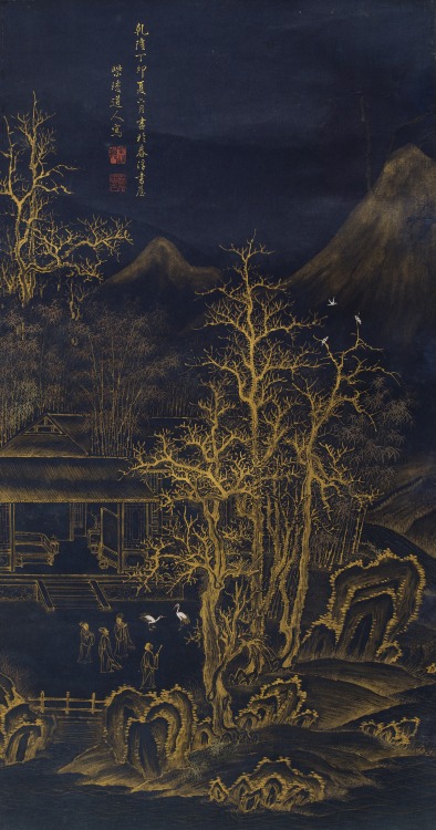laclefdescoeurs: Watching Cranes, Yunxi (Attributed to) gold ink on blue paper
