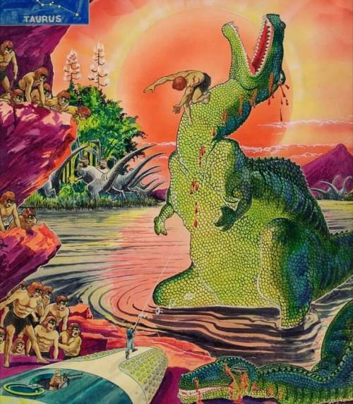 Matted sci-fi illustration featuring dinosaurs