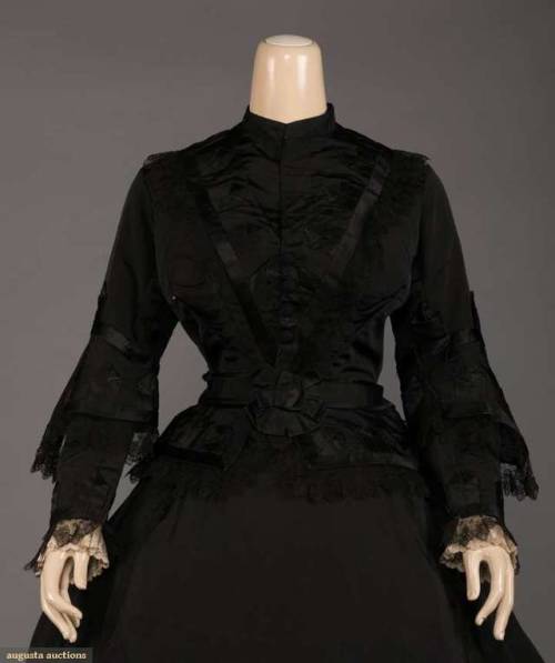 BLACK SILK MOURNING ENSEMBLE, 18601-pc black silk faille dress with band collar, hook & eye at c