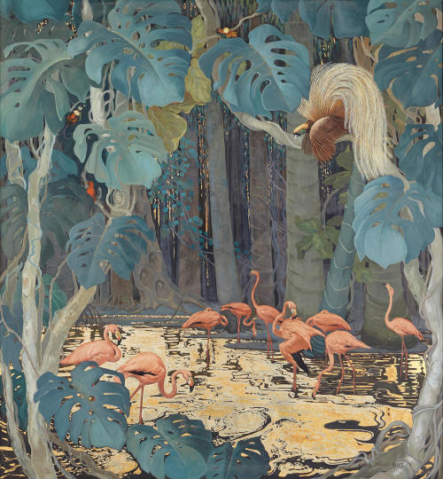 Jessie Arms Botke (1883 - 1971)Flamingos and Tropical Birdsoil and gold leaf on canvas