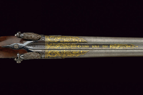 Engraved and gold inlaid double barrel percussion small bore shotgun originating from France, mid 19