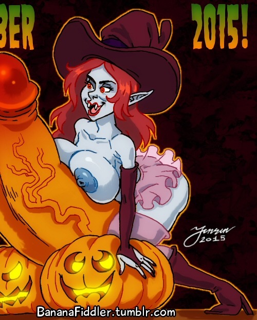 pumpkinsinclair-nsfw:  bananafiddler:  One more Halloween post, featuring a couple of cute witches. (In case you’re wondering: that’s supposed to be a regular witch straddling an enchanted giant orange pumpkin dong, rather than a futa witch with an