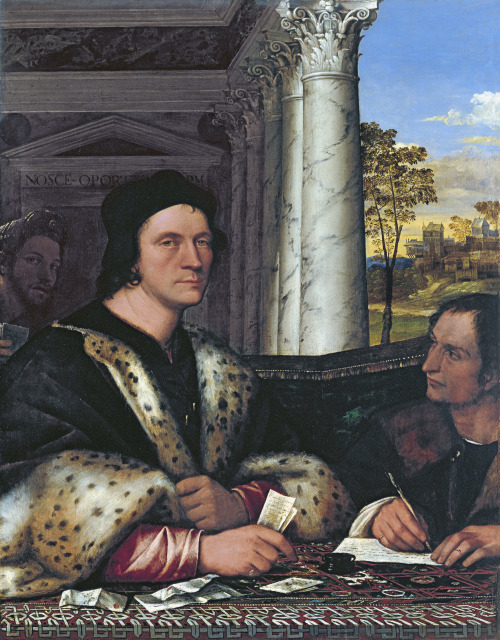 vcrfl:  Sebastiano del Piombo: Portrait of Ferry Carondelet with his Secretaries, c. 1510–12. The sheet of paper the sitter holds identifies him as “Archdeacon of Besançon, Imperial Councillor and Commissioner in Rome.” 