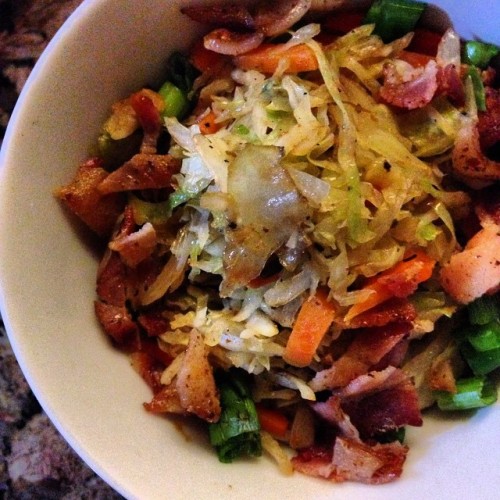 Savory Oatmeal with Aged Cheddar and Jamaican Cabbage with Bacon and Caramelized Onions