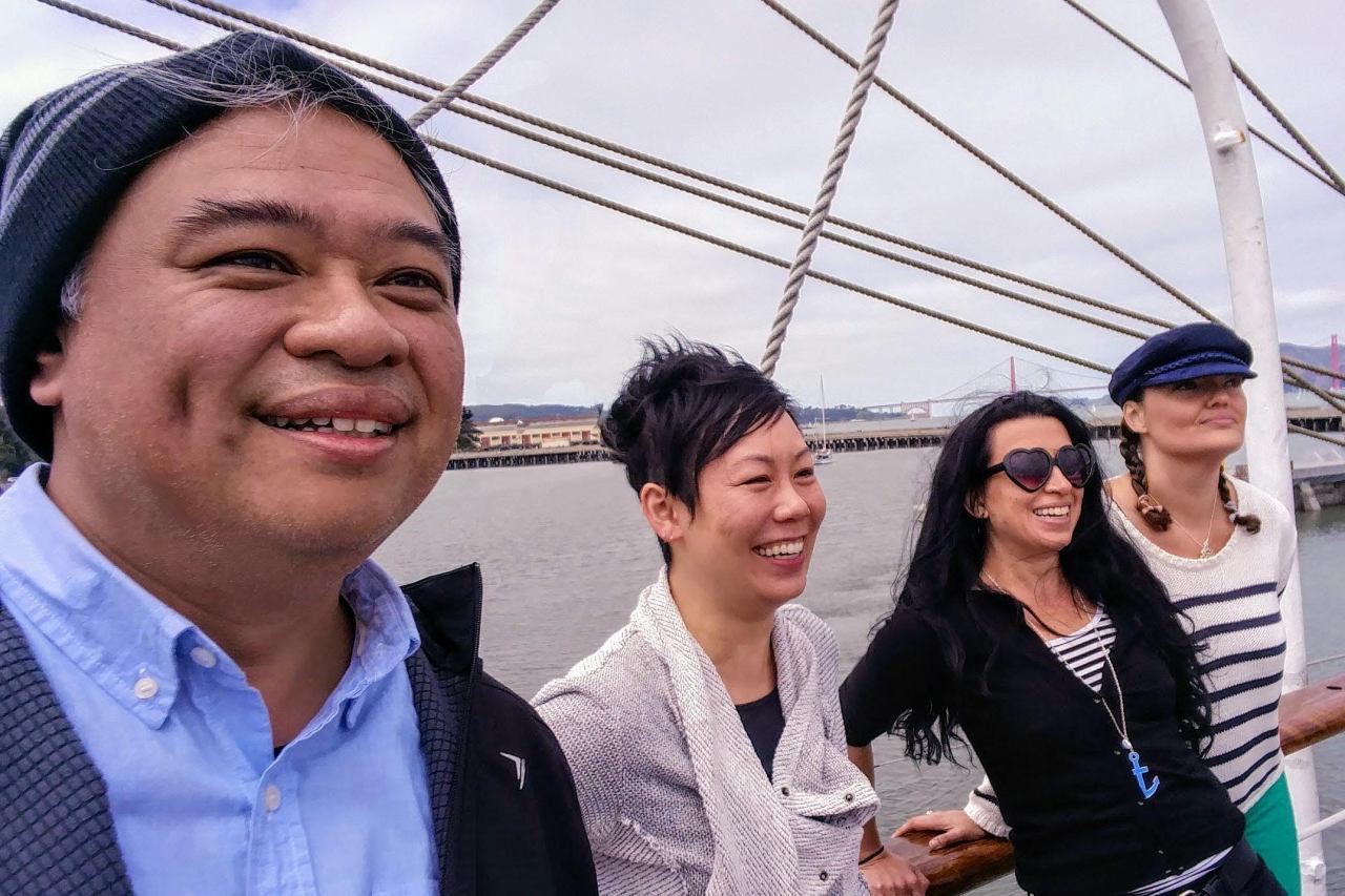 Pictured: a photo of my fellow co-writers of A LIFE ON THE OCEAN WAVE with me, Nancy Au, Syr Beker, and Nara Dahlbacka during a photoshoot aboard the 1886 schooner Balcutha at the Hyde Street Pier, San Francisco, CA.