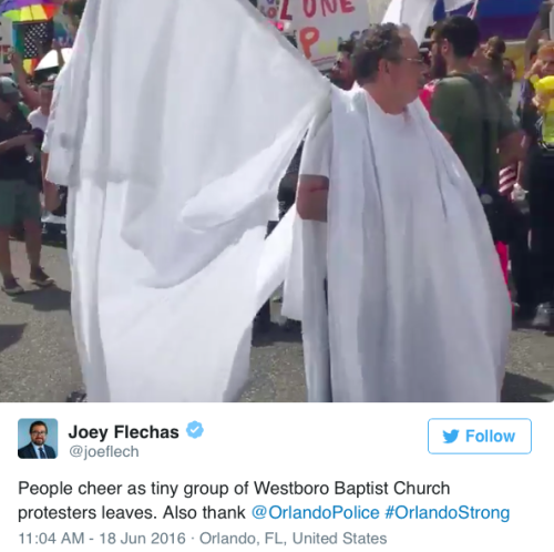 micdotcom:  “Angels” block the Westboro Baptist Church from protesting Orlando victim’s funeral When a handful of Westboro Baptist Church members showed up Saturday at the funeral of Orlando shooting victim Christopher Leinonen, counterprotesters