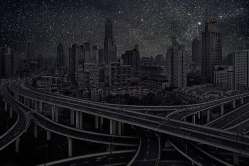 Darkened Cities (Villes Éteintes) by Thierry Cohen  Since 2010 Thierry Cohen has devoted himself to a single project – “Villes Éteintes” (Darkened Cities) – which depicts the major cities of the world as they would appear at night without light