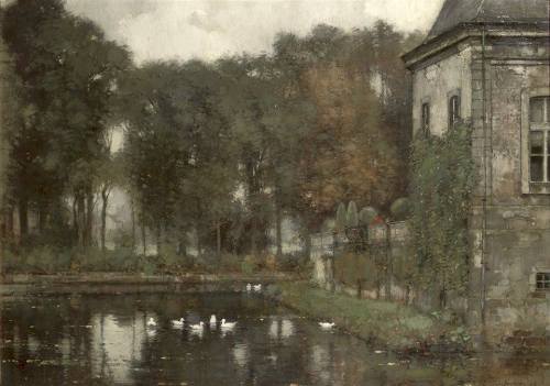 catonhottinroof:Jan Bogaerts (1878-1962)Ducks in the castle-moat of Castle Genhoes, Valkenburg (Limb