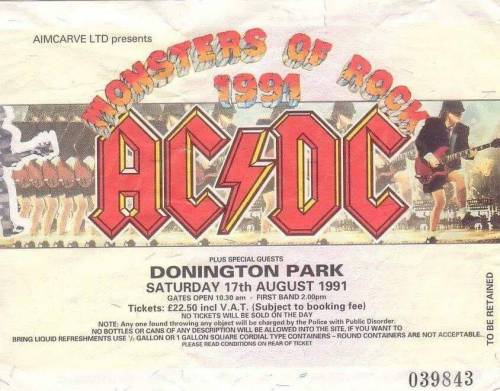 Monsters of Rock1991 ticket, AC/DC, Metallica, Motley Crew, Queensryche and Black Crowes