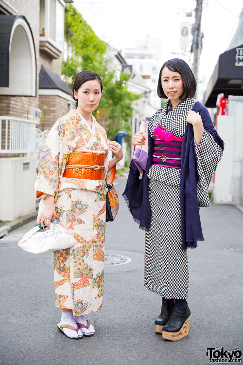 Young Japanese women mixing old and new fashion on the street in Harajuku - including kimono, tradit