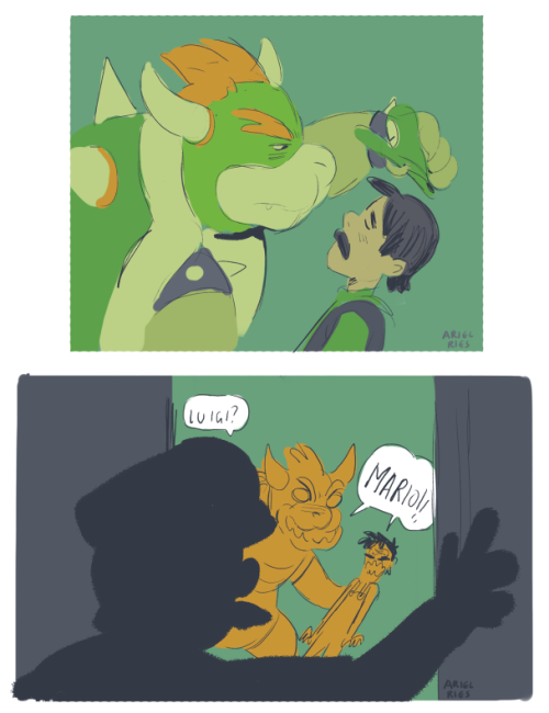 arielries:Instead of capturing Peach… Bowser wants to capture…. LUIGI’S HEART?!?! i made a joke tweet then drew the first one kind of jokingly and then it  all became too real and i can’t pass it off as a joke anymore i apologise to my family