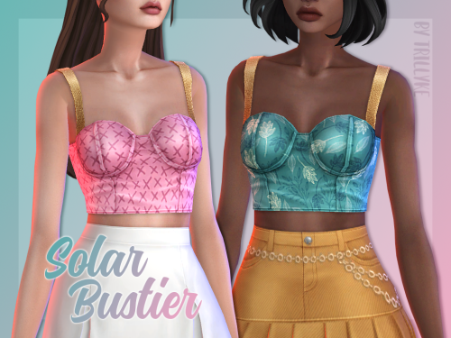 Solar BustierMy special March CC is a fancy cropped bustier top in a LOT of gorgeous patterns and co