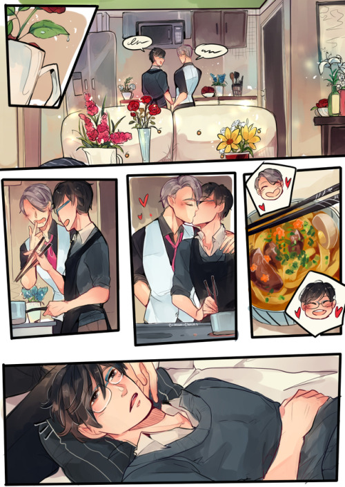 crimson-chains:  Yuri got a little snooze on Victor’s lap after some good food! ^w^He also has an apartment filled with flowers now too XDCan’t wait for the next update?See works in progress and also finished pages 2 days before the public by becoming