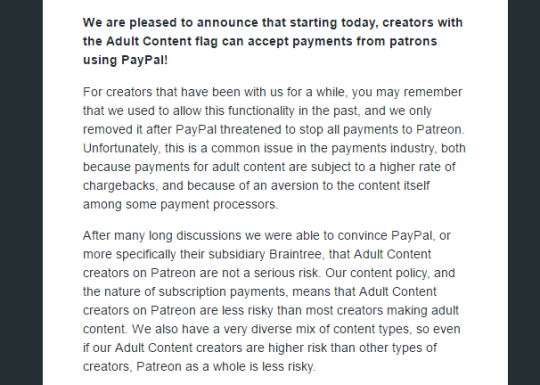 jknighttime:  drgraevling:  erotibot-art:  penlink:  jack-aka-randomboobguy:  Patreon now accepts Paypal for adult content creators  Good, good, spreading the word now.  Seriously?? That is incredible. Management at Patreon has been awesome.  Just got