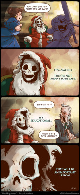 dduane:  adi-fitri:  “IT’S A SWORD, IT’S NOT MEANT TO BE SAFE.”My favourite scene from The Hogfather.___See how this comic was made here.___society6   ETA: Posted this prematurely (off of a Facebook post) the other day, in the middle of hunting