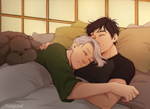 hachidraws:sharing a bed, then and now(the fact Victor is canonically a cuddly sleeper will never ce