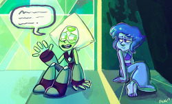 handsomehugs:  I’m just gonna casually pretend that Peridot would hang out with Lapis  and keep her company (very much behind Jasper’s back) when she was in  hand-spaceship jail because Lapis deserves more  friends. 