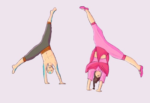 yearning-hours:  lesbians4sokka: best buddies &lt;3 [image description: two digital art drawings of ty lee and aang from avatar: the last airbender. in the first image they are both doing handstands with their legs spread out in the air. aang is shirtless