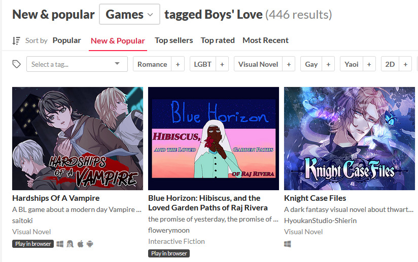 'blue horizon: hibiscus, and the loved garden paths of raj rivera' is second in new & popular under the tag of 'boys love' in itchio