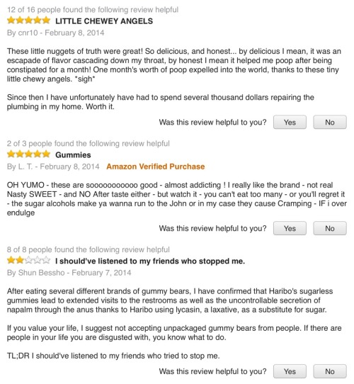 rainbowotter:I found more of the sugar-free gummy bear reviews. These are gold