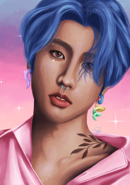 A digital realism painting of HAN JISUNG from Stray Kids from the shoulders up. Han has brown eyes and blue hair, he is looking straight at the viewer. In the painting he has several piercings including; cute spiral earrings, an eyebrow piercing, septum ring and a medusa piercing. He's wearing an open pink shirt, with his collarbone showing - which shows off a floral leaf tattoo. The background is a painted soft pastel sunset of blues, purples, pinks and yellows with a light scattering of different shaped stars.