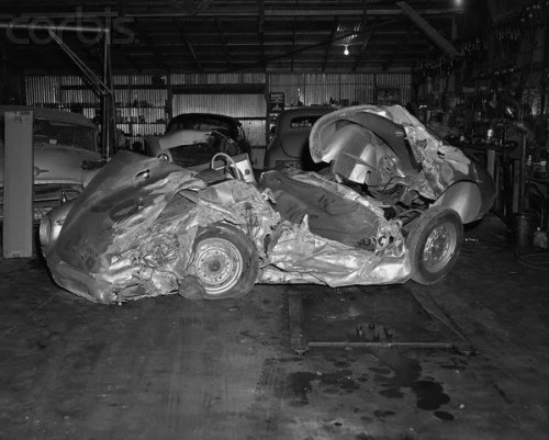 unexplained-events:  The Curse of “Litte Bastard” On September 30th, 1955, James Dean was driving his Porsche Spyder when it crashed (head on) with another car. Dean was pinned inside, neck broken. His friend in the passenger seat was thrown from