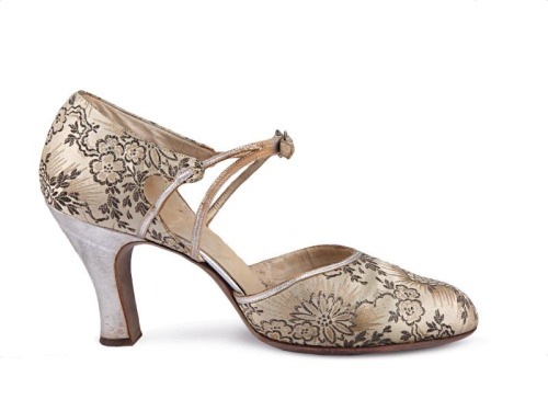 D'Orsay shoes with beige colour damask upper with floral pattern and silver and leather appliqué on 