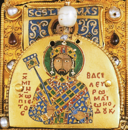 Enamel portraits of Emperors and saints on the Byzantine Holy Crown of Hungary, circa 1035-1040