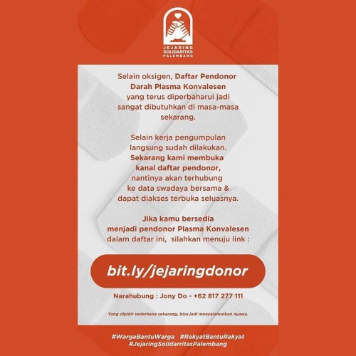Buat teman-teman yang berdomisili di Palembang, sudah sembuh dari Covid-19, dan bersedia menjadi bagian dari relawan pendonor plasma darah konvalesen, silahkan mengirimkan data dirinya di sini:

bit.ly/jejaringdonor


#JejaringSolidaritasPalembang
#wargabantuwarga
#rakyatbanturakyat 
https://www.instagram.com/p/CR0-JlOgvet/?utm_medium=tumblr #jejaringsolidaritaspalembang#wargabantuwarga#rakyatbanturakyat